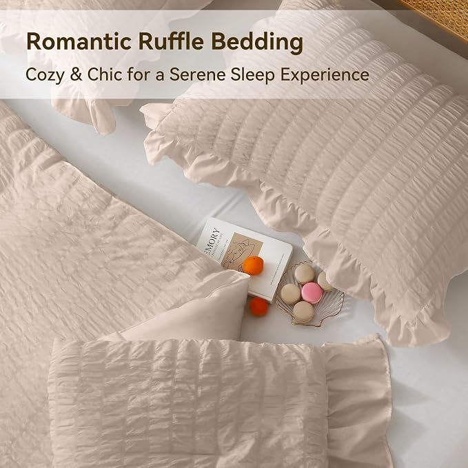 JOLLYVOGUE Beige King Comforter Set, 3 Pieces Seersucker Comforters King Size - Image 4
