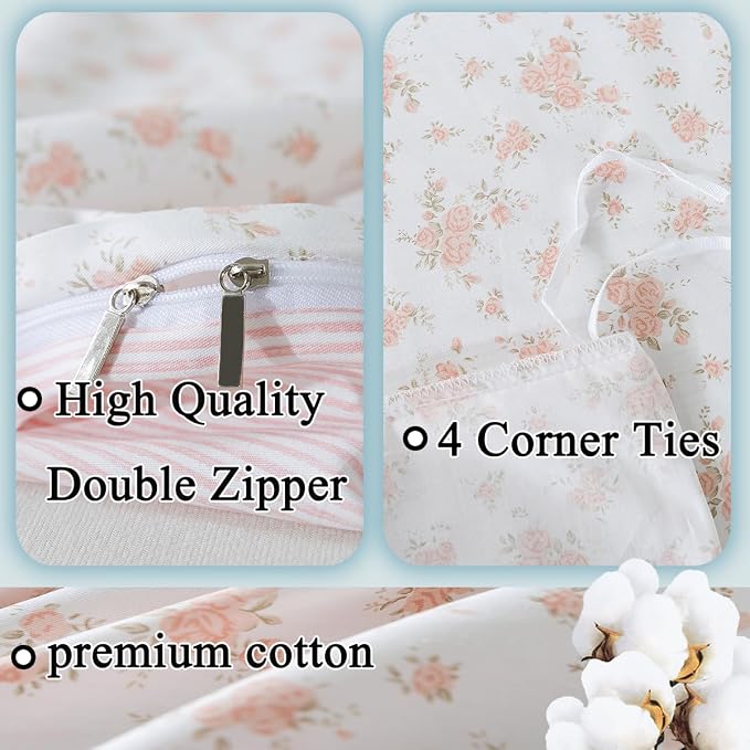 FADFAY Floral Duvet Cover Set Twin XL 100% Cotton College Bedding Pink Flower - Image 3