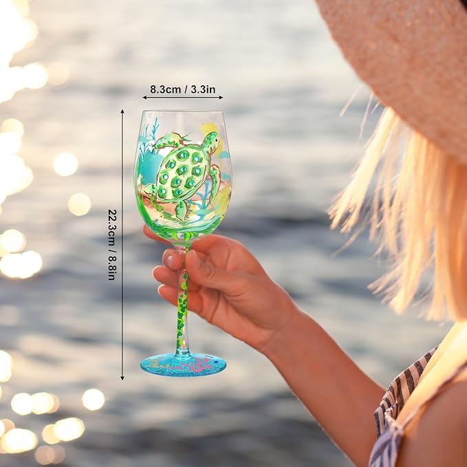 NymphFable 100% Hand-Painted Wine Glass Ocean Turtles Seagrasses Glass Artisan - Image 7