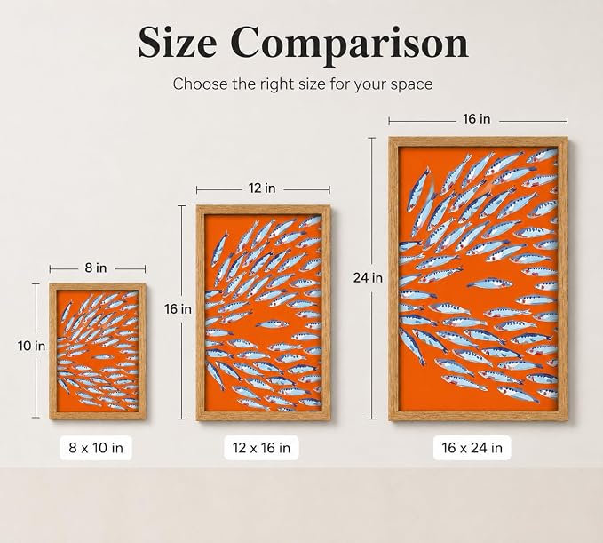 Framed Sardine Fish Canvas Wall Art, Bold Orange Background school Sardines - Image 5