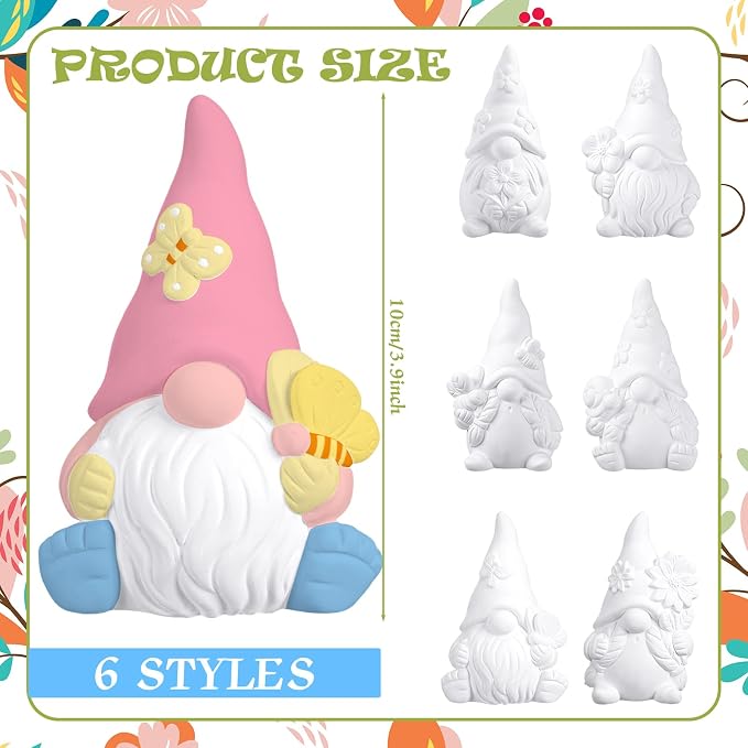 Poen 6 Sets Ready to Paint Your Own Ceramic Gnome Statues Summer DIY Unpainted - Image 2