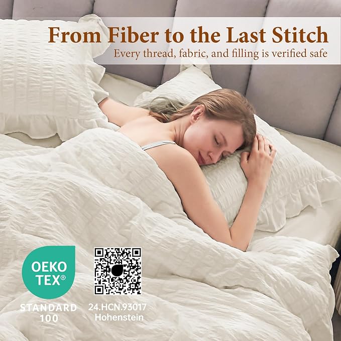 JOLLYVOGUE Ivory Queen Comforter Set, 3 Pieces Seersucker Comforters Queen Size - Image 4