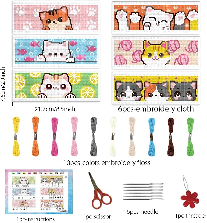 INFUNLY 6pcs Cartoon Cat DIY Cross Stitch Bookmark Kits - Image 2
