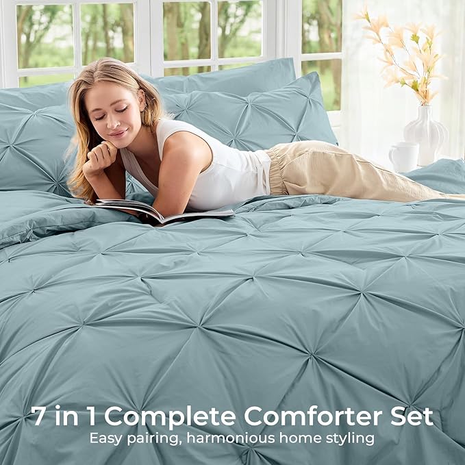 Sasttie California King Comforter Set, 7-Piece Bed in a Bag, Pintuck Bedding - Image 6