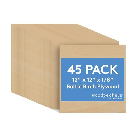 3 mm Baltic Birch Plywood 1/8 x 12 x 12 Inch, Box of 45 B/BB Grade Craft Wood by Woodpeckers