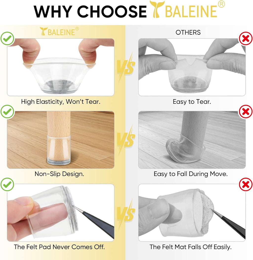 BALEINE 32 Pack Silicone Chair Leg Floor Protectors, Stool Leg Protectors Cap, Non-Slip Chair Leg Caps for Hardwood Floors (Clear & Large, 32 Pack)