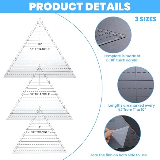3 Pcs 60 Degree Triangle Ruler for Quilting, 10 Inch Acrylic Template Ruler - Image 3