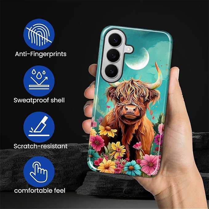 for Samsung Galaxy S26 Case, Highland Cow Flower Pattern Glossy 2 in 1 - Image 6