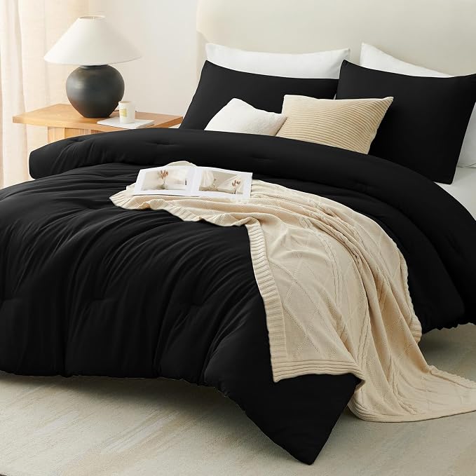 CozyLux Super King Plus Comforter Set Black, 3 Pieces 128x120 Solid Breathable - Image 7
