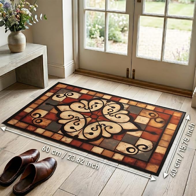 Vintage Tile Faux Cashmere Non-Slip Rug 15.7x23.6 Inches, Washable Low Pile - Image 6