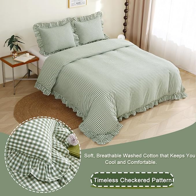 Silnuo Sage Green/White Plaid Ruffle Duvet Cover Full Size, 100% Washed Cotton - Image 3