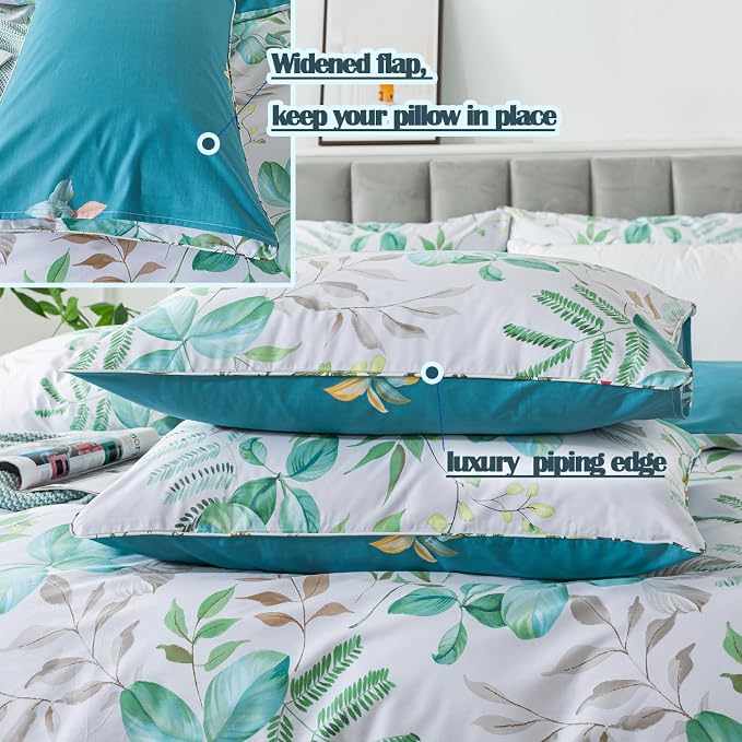 FADFAY Botanical Duvet Cover Sets Twin Size 100% Cotton Teal Green Leaves - Image 5
