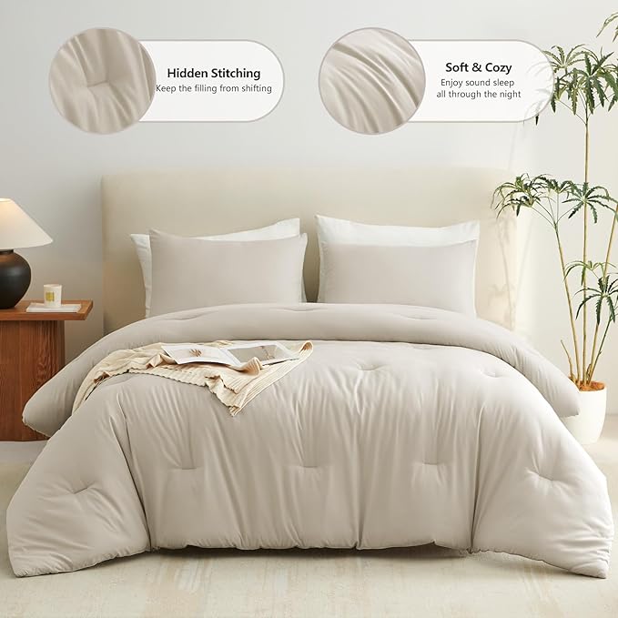 CozyLux Queen Comforter Set Oatmeal, 3 Pieces Solid Comforters Queen Size - Image 2