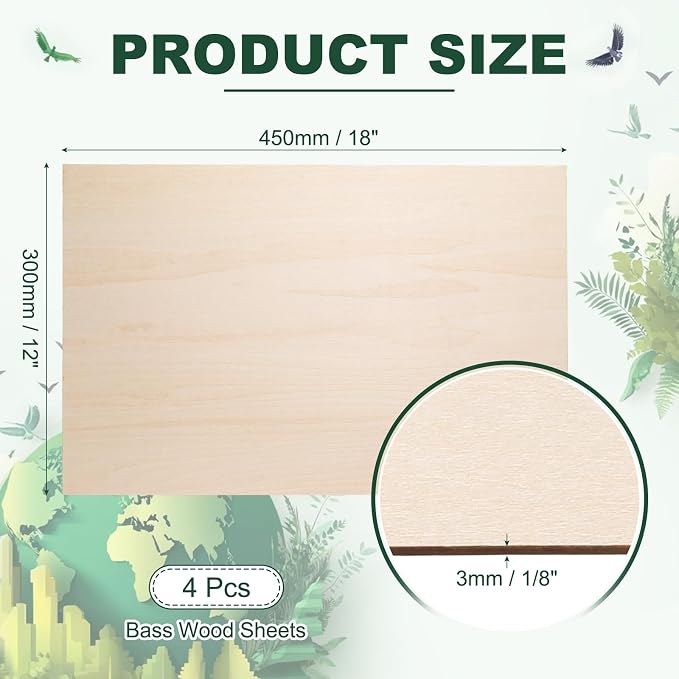HARFINGTON 4pcs 3mm Basswood Plywood Sheets 12" x 18" x 1/8" Thin Unfinished - Image 2