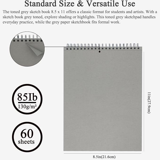 Fuxi Toned Gray Sketchbook 8.5x11, 60 Sheets Spiral Bound, Artist Sketch Pads - Image 2