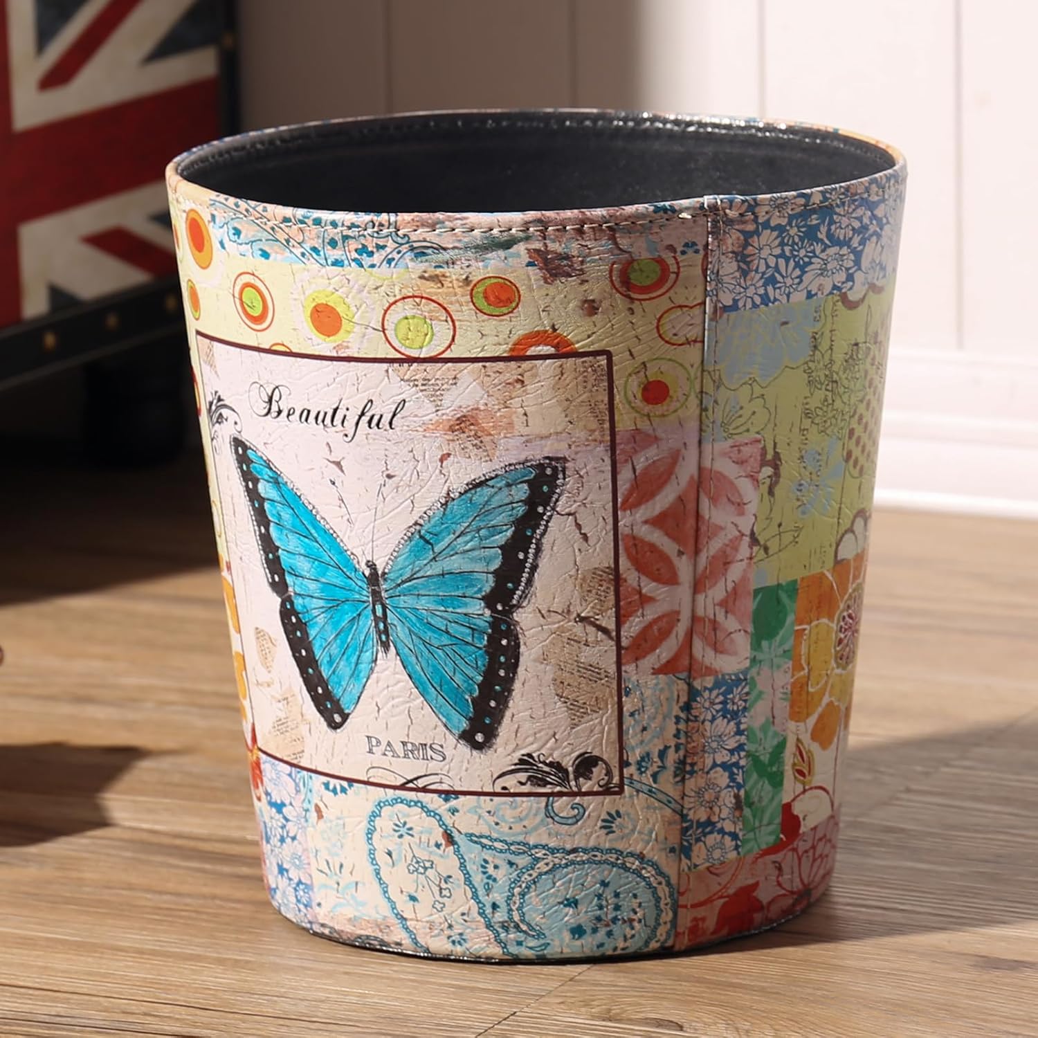 PU Leather Small Trash Can Wastebasket, Round Garbage Container Basket for Bathrooms, Laundry Room, Kitchens, Offices, Kids Rooms, Bedrooms,Dorms,Home Decorative Art Bin, 2.9 Gallon(Blue Butterfly)