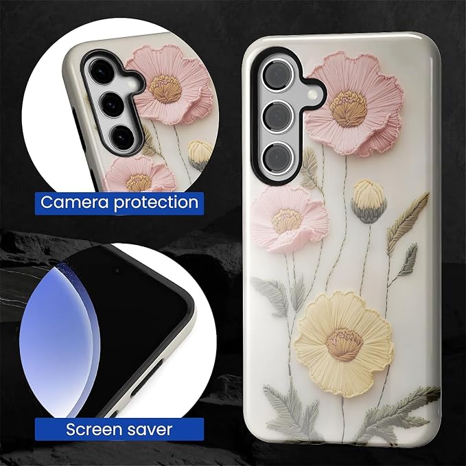 Case for Samsung Galaxy S25 Case, Faux Embroidery Boho Floral Design Hybrid - Image 2
