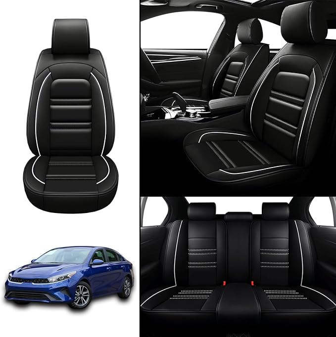 Seat Covers for kia Forte 2010-2024 | 5-Seats Leather Seat Covers, Easy to Install Automotive Seat Covers Full Set (Full Set, Black&White Line)