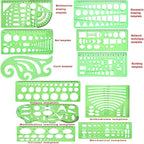 11 Piece Geometric Drawing Template Measuring Ruler, Transparent Green Plastic - Image 2