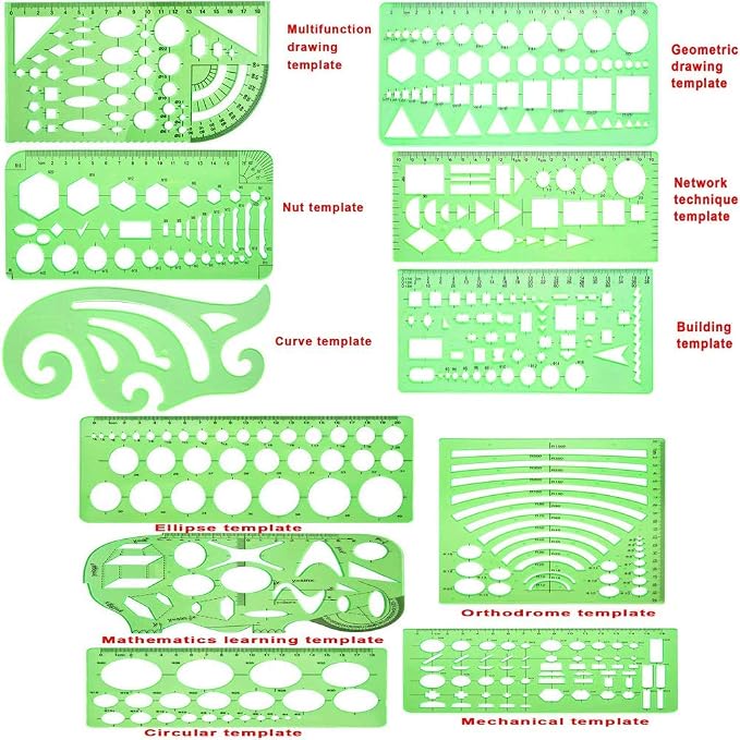 11 Piece Geometric Drawing Template Measuring Ruler, Transparent Green Plastic - Image 2