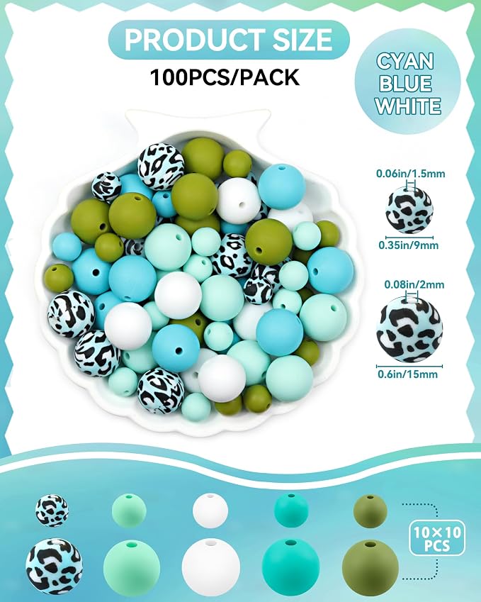 FIVEIZERO 100PCS 9mm & 15mm Silicone Beads, Cyan Blue White Mix | 5 Colors - Image 2