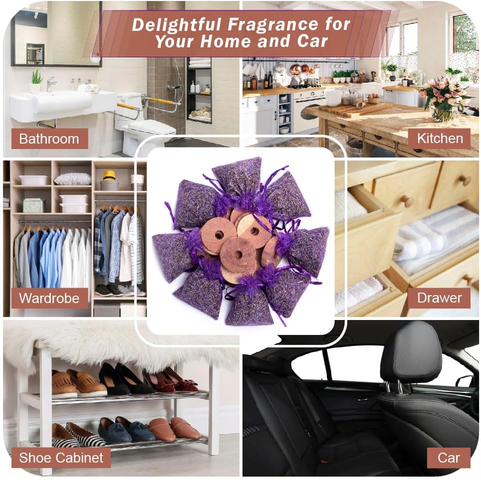 Pack of 16 Cedar Blocks and 8 Lavender Flower Sachets Craft Bag, Drawer Freshener, Linen, Shower Favor, Wedding and More, LV-E-LC-1