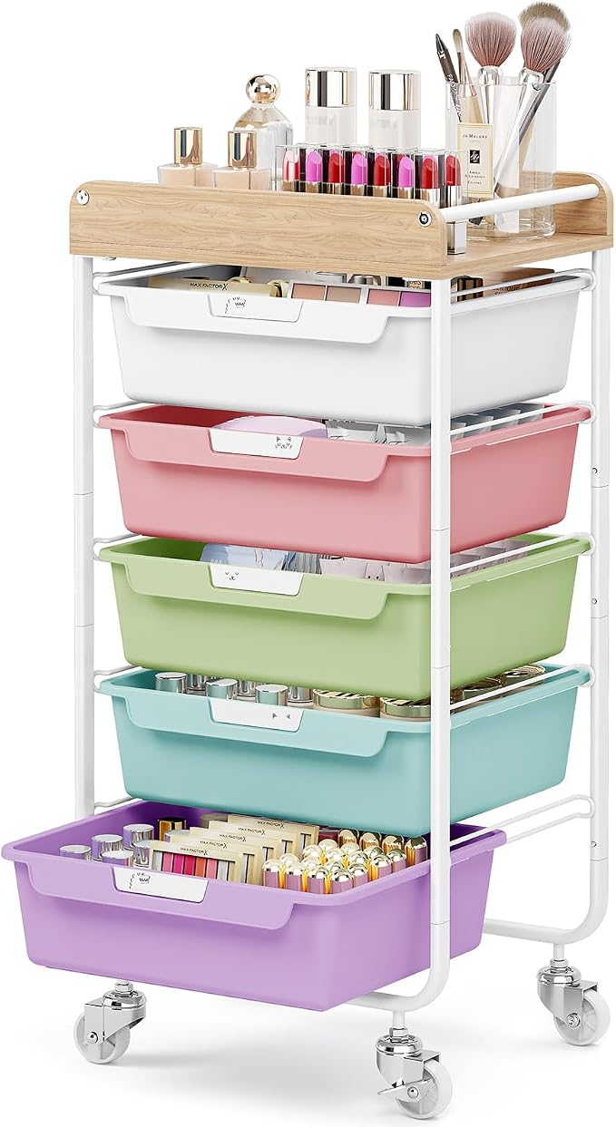 SYKIARIOL Utility Cart with 5 Labeling Drawers and Wooden Tabletop – Rolling by SYKIARIOL