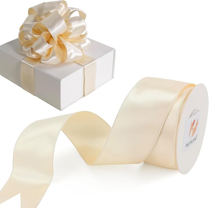 HUIHUANG Champagne Satin Wired Ribbon 1-1/2" Light Champagne Wire Edge Ribbon by HUIHUANG
