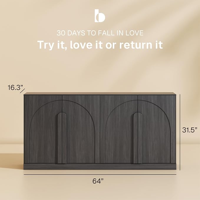 BELLEZE Bijou 64" Modern Buffet Sideboard, Mid-Century Arch Carved Wood Door - Image 2