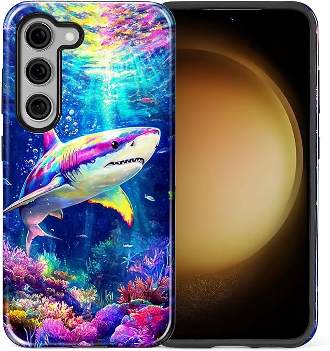 for Samsung Galaxy S23 Case, Colorful Ocean Sharks Pattern Glossy 2 in 1 - Image 2