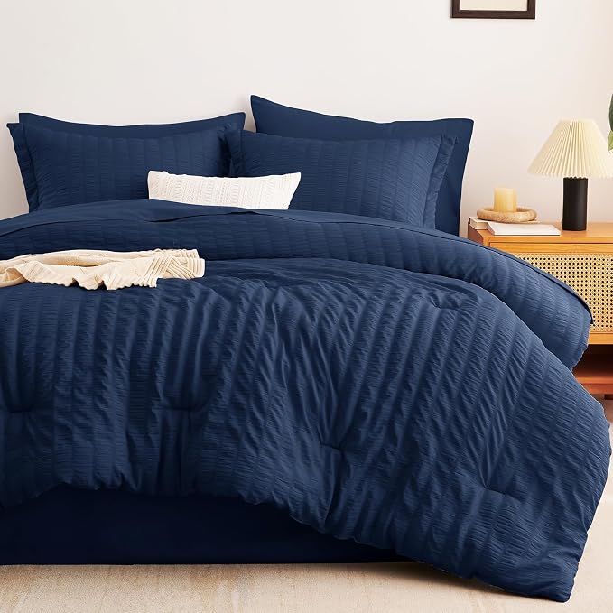 CozyLux Oversized King Comforter Set Navy Blue Seersucker 7 Pieces 120x98 Bed - Image 9