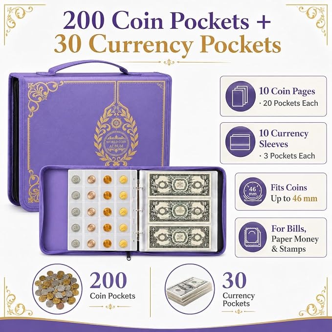 Coin Collection Book Holder for Collectors, 200 Pockets Collecting Album& 30 - Image 2