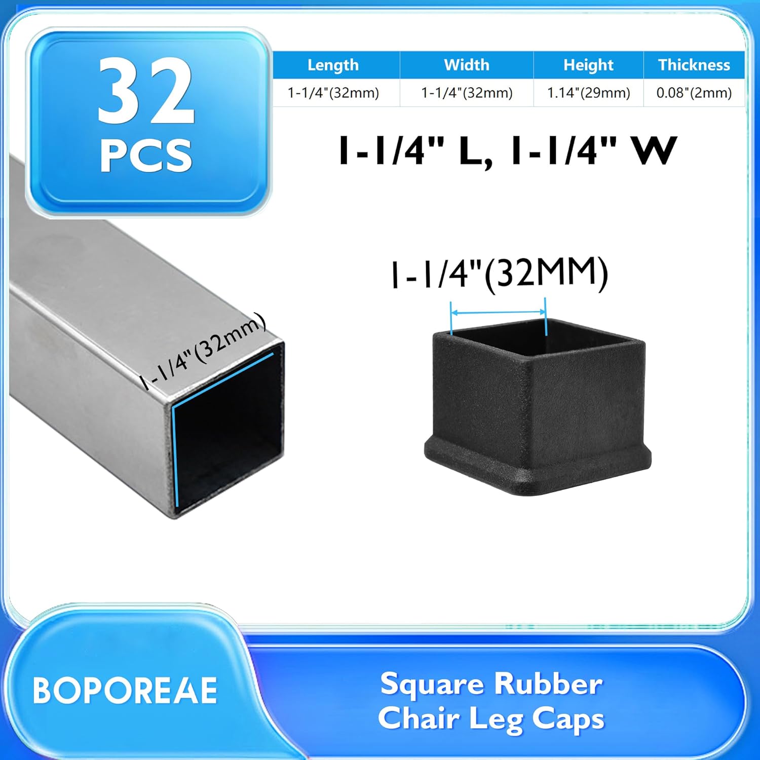 32 Pcs 1-1/4" x 1-1/4" Square Rubber Chair Leg Caps, PVC Table Leg Covers, Flexible & Anti-Slip Furniture Leg End Caps, Chair Leg Floor Protectors for Bar Stool Leg Patio Indoor, Black