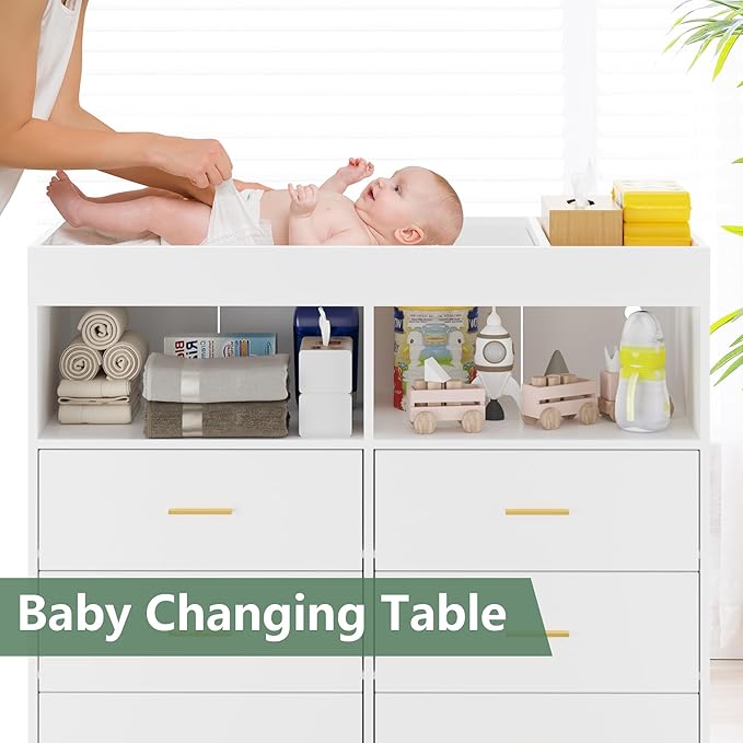 GarveeHome Dresser for Bedroom with 6 Drawers, Baby Changing Table Dresser with Changing Pad, LED Lights & Charging Station, Baby Changing Station with Changing Table Top (White)