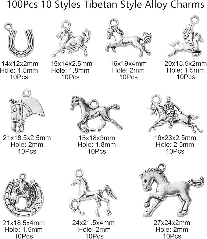 DanLingJewelry 100Pcs 10 Styles Antique Silver Horse & Horseshoe Animal Charms - Image 2