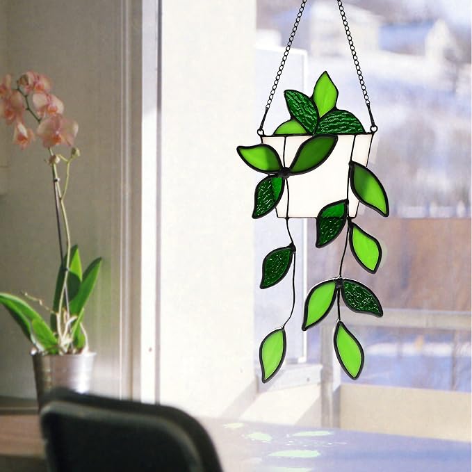 BOXCASA Plant Stained Glass Window Hanging Handmade Green Suncatcher Gift | - Image 6