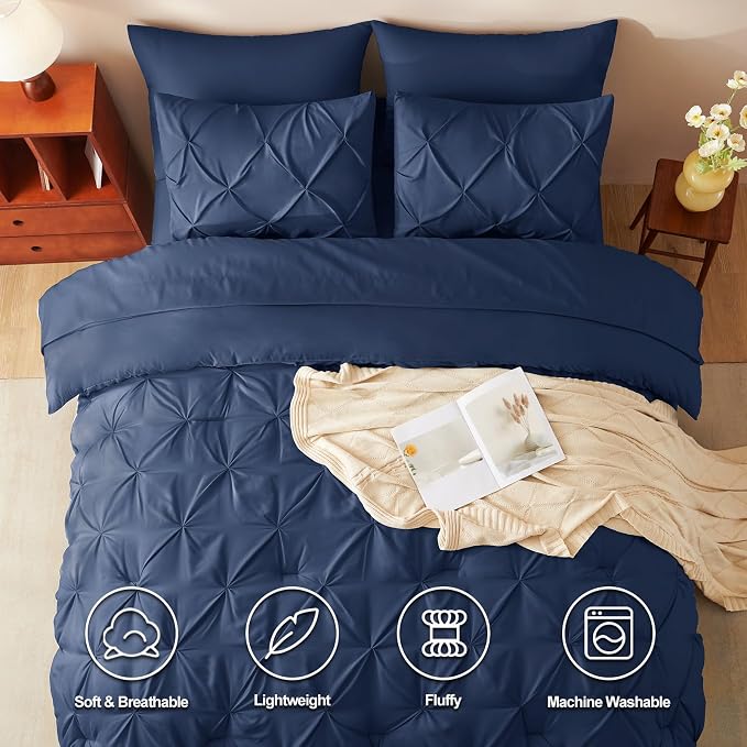 HIMEET Pintuck Bed in a Bag, 7 Pieces Queen Size Comforter Set Navy Blue - Image 2