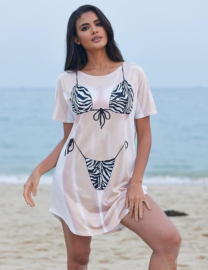 Ekouaer Women's Bikini Shirt Cover Up Short Sleeve Cute Bikini Print Cover-Up - Image 3