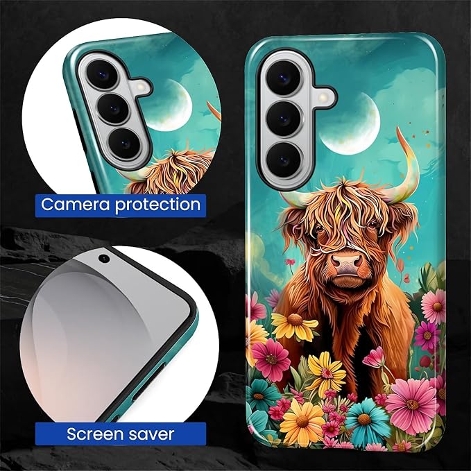 for Samsung Galaxy S26+ Case, Highland Cow Flower Pattern Glossy 2 in 1 - Image 5