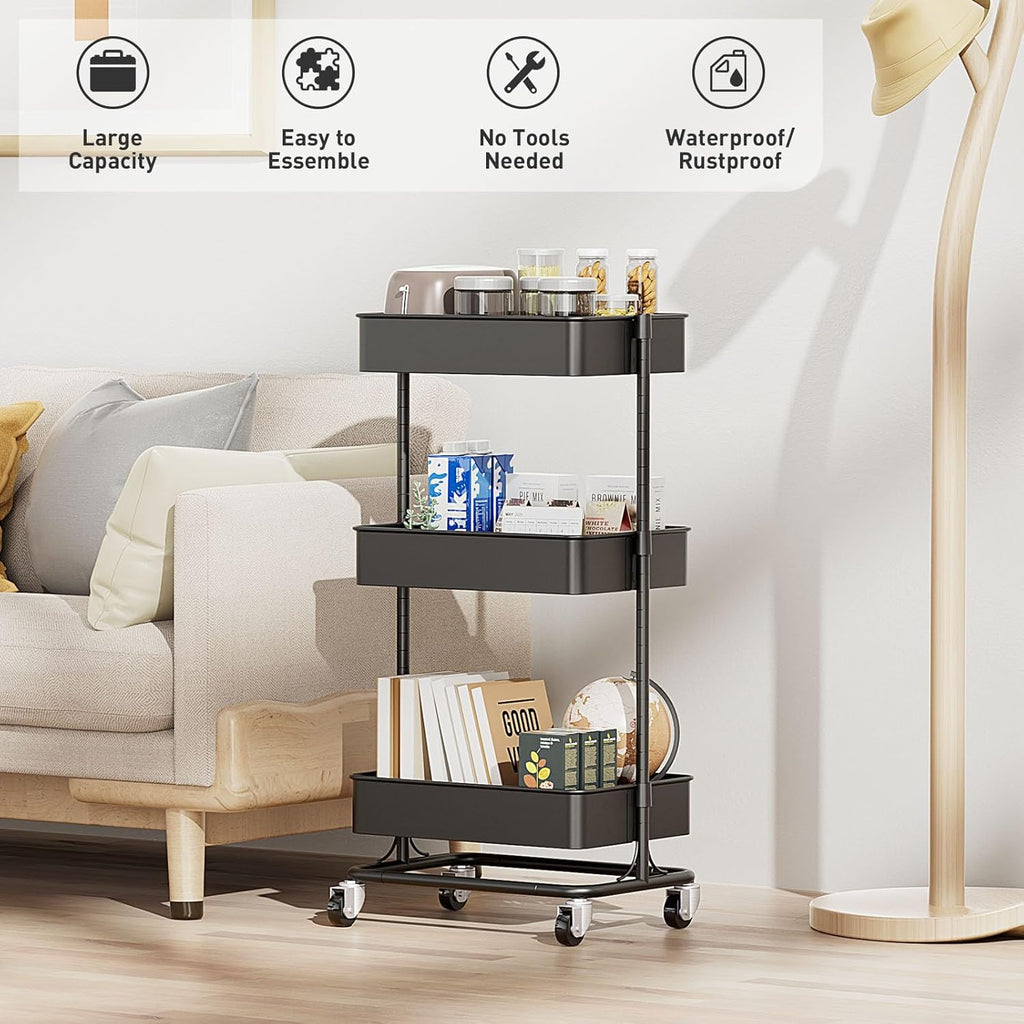 3 Tier Modern Metal Rolling Tool Cart with Silent Casters, 17.72×12.40×35.04 inch Heavy Duty Organization Truck Trolley Organizer for Office, Living Room, Kitchen, (Black)