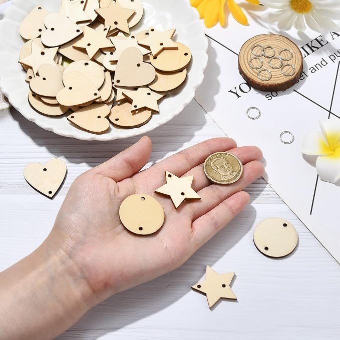 180 pcs 3 Styles Heart Star Theme Unfinished Wood Cutout Charms Flat Round - Image 4