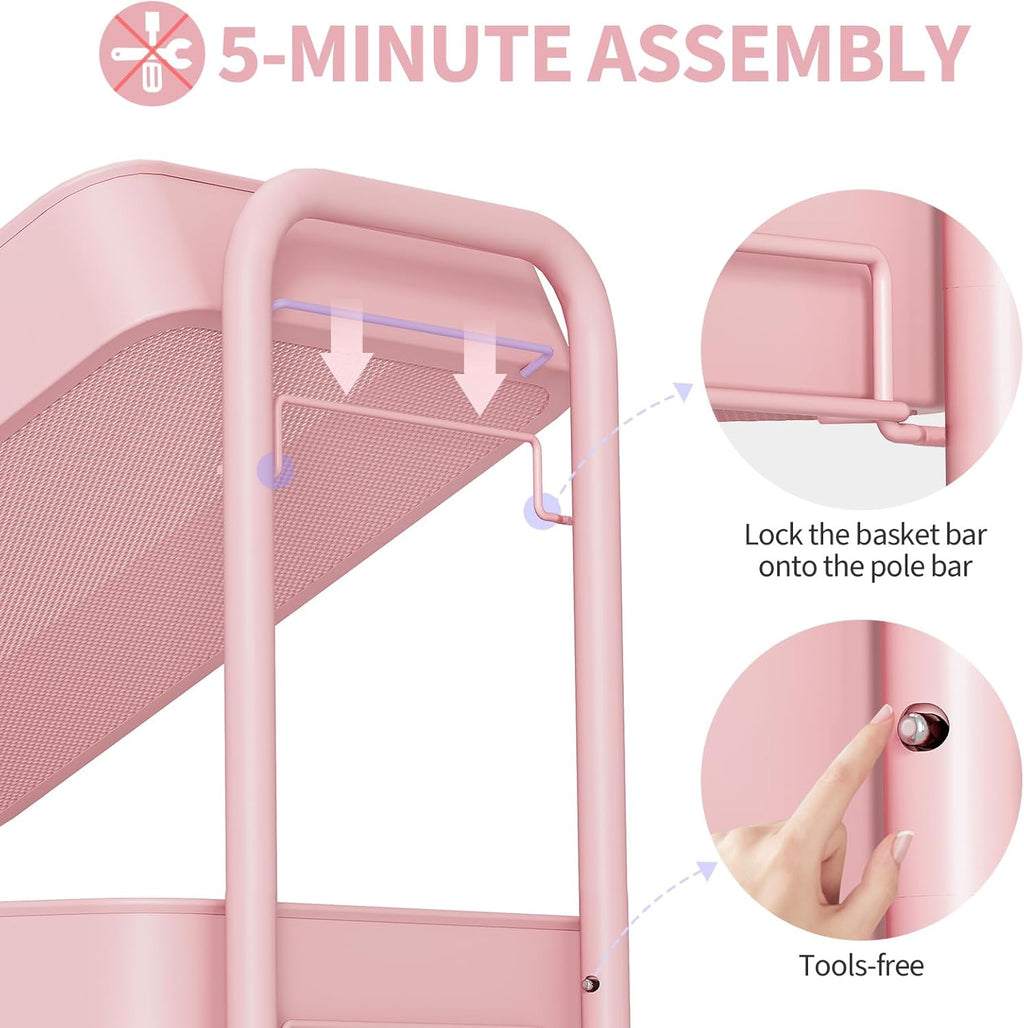 TOOLF 3 Tier Rolling Cart Storage Organizer, Metal Rolling Utility Cart with Wheels, Hooks & Bins Esthetician Craft Art Sturdy Storage with Pegboard for Bathroom, Kitchen, Office, Nursery Diaper