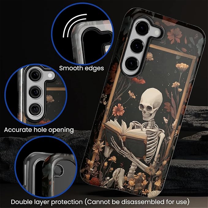Case for Samsung Galaxy S23 Plus Case, Skeleton Reader Goth Floral Design - Image 5