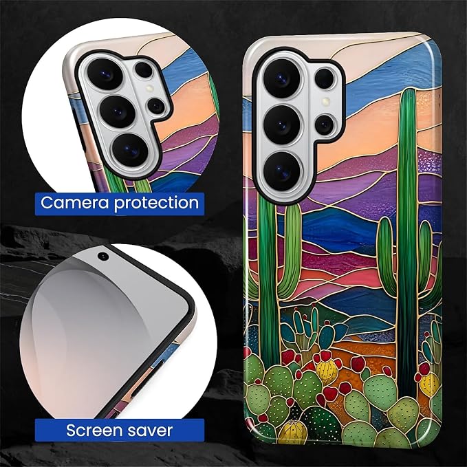 for Samsung Galaxy S26 Ultra Case, Stained Glass Cactus Pattern Glossy 2 in 1 - Image 5