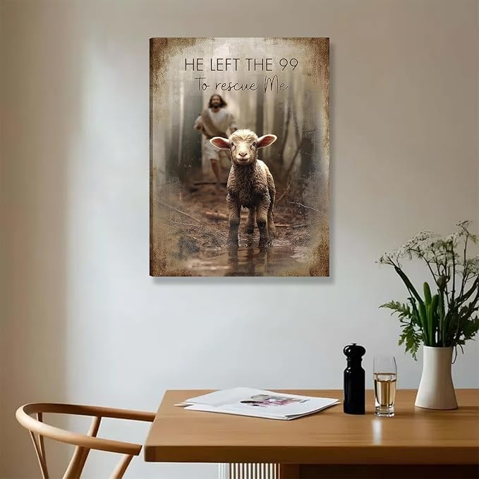 Framed Jesus Saves the Lost Lambs Canvas Wall Art Jesus Leaves 99 Sheep Picture - Image 2