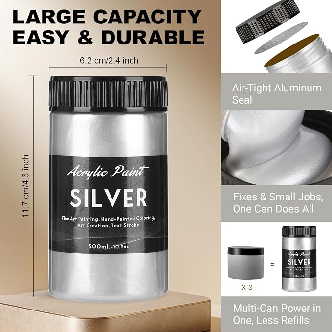 300ml Silver Metallic Acrylic Paint, Non Toxic Waterproof Silver Metallic - Image 2