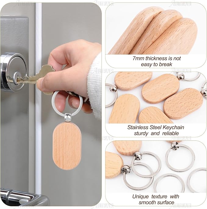 AUEAR, Blank Wooden Key Chain Wood Keychain Key Ring Key Tags Personalized EDC - Image 3