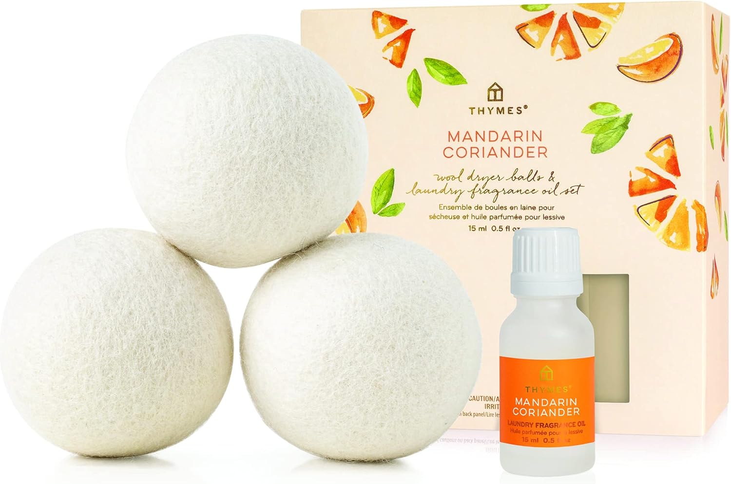 Thymes Wool Dryer Balls Set – Includes 3 Wool Laundry Balls + 1 Scented Laundry Fragrance Oil for Dryer – Eliminate Wrinkles, Static & Lint (Mandarin Coriander, 0.5 fl oz)