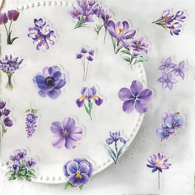 50 Pieces Purple Flower Themed Transparent Stickers - Image 6