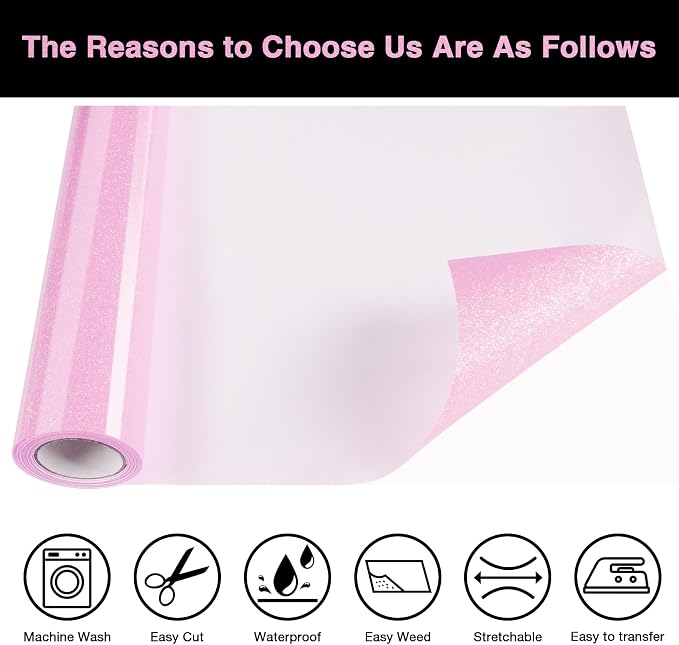 Pink Glitter HTV Heat Transfer Vinyl Roll 12inch x 5 ft - Image 3